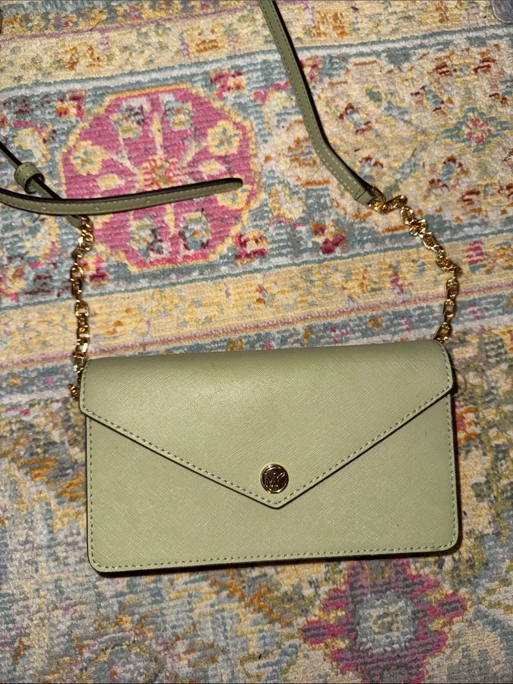 Michael Kors Mint Green Envelope Crossbody with Gold Chain